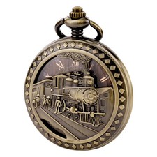 Antique Mens Pocket Watch Skeleton Mechanical Hollow Bronze Case 3D Steam Tra...