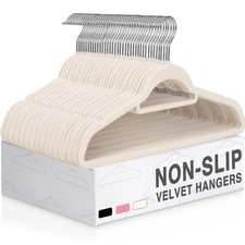 Velvet Hangers 50 Pack Non-Slip Hangers Tie Bar Premium Clothes Swivel - Beige