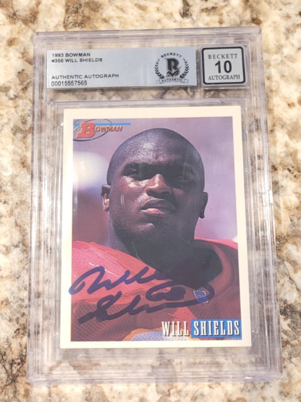 Will Shields Signed 1993 Bowman Rookie Card RC # 356 Chiefs Beckett BAS 10 Auto