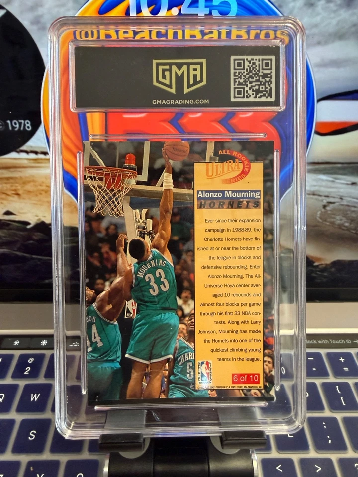 1992 Fleer Ultra #6 Alonzo Mourning All-Rookie Series cartão de basquete GMA 9 perfeito estado - Imagem 2 de 2