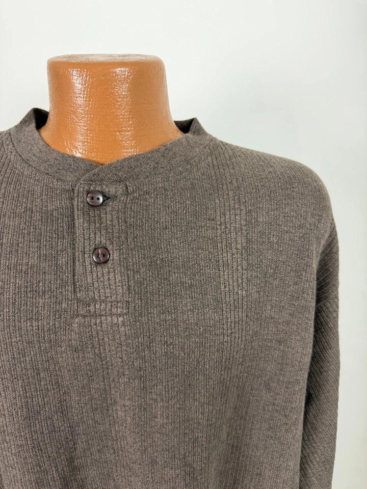 Vintage 90s Ribbed Henley Shirt Men Large Minimal Heather Brown Heavy Textured - Image 3 of 4
