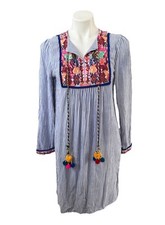 Chelsea & Theodore Dress Size Medium Boho Embroidery Seersucker Tassels *T1
