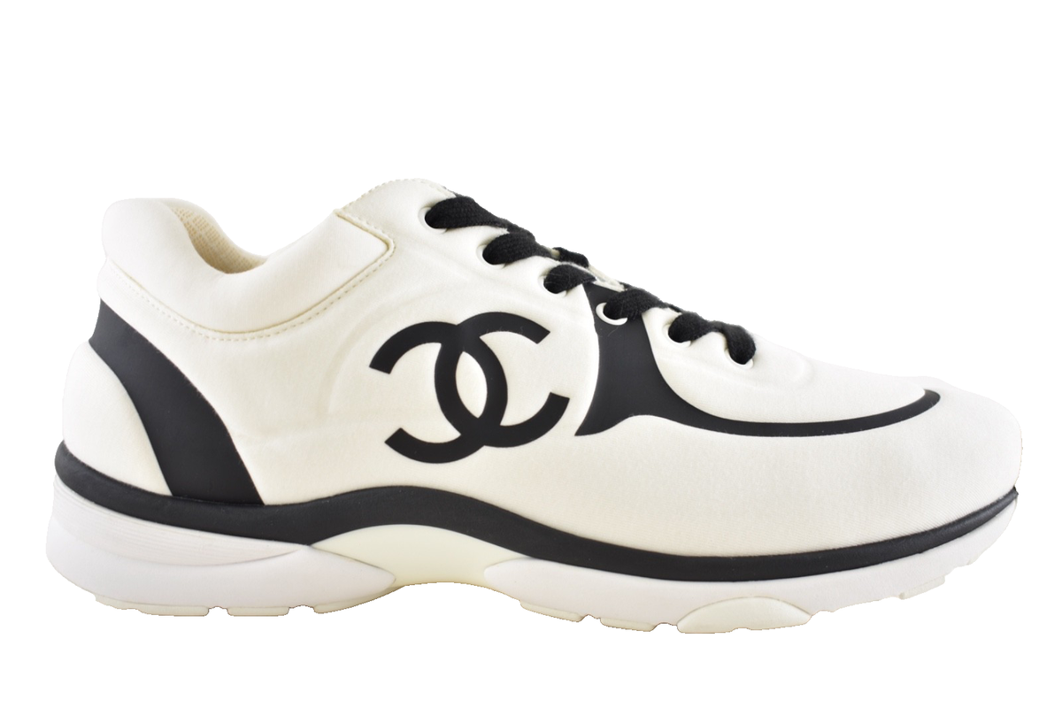 Chanel 20C Men White Black Neoprene CC Logo Low Top Runner Trainer