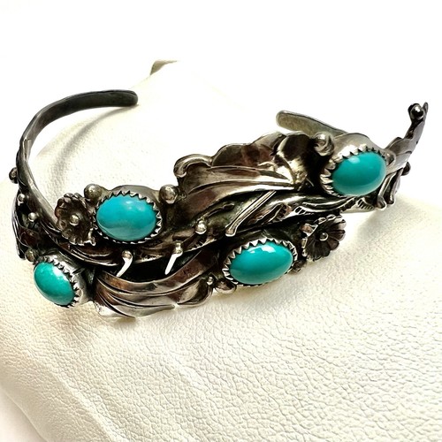 Native American Navajo Sterling Turquoise Intricate Leaf Floral Cuff Bracelet