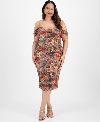  Katia Rae Trendy Plus Size Printed Midi Dress Women's 18 Olive Multi Sleeveless