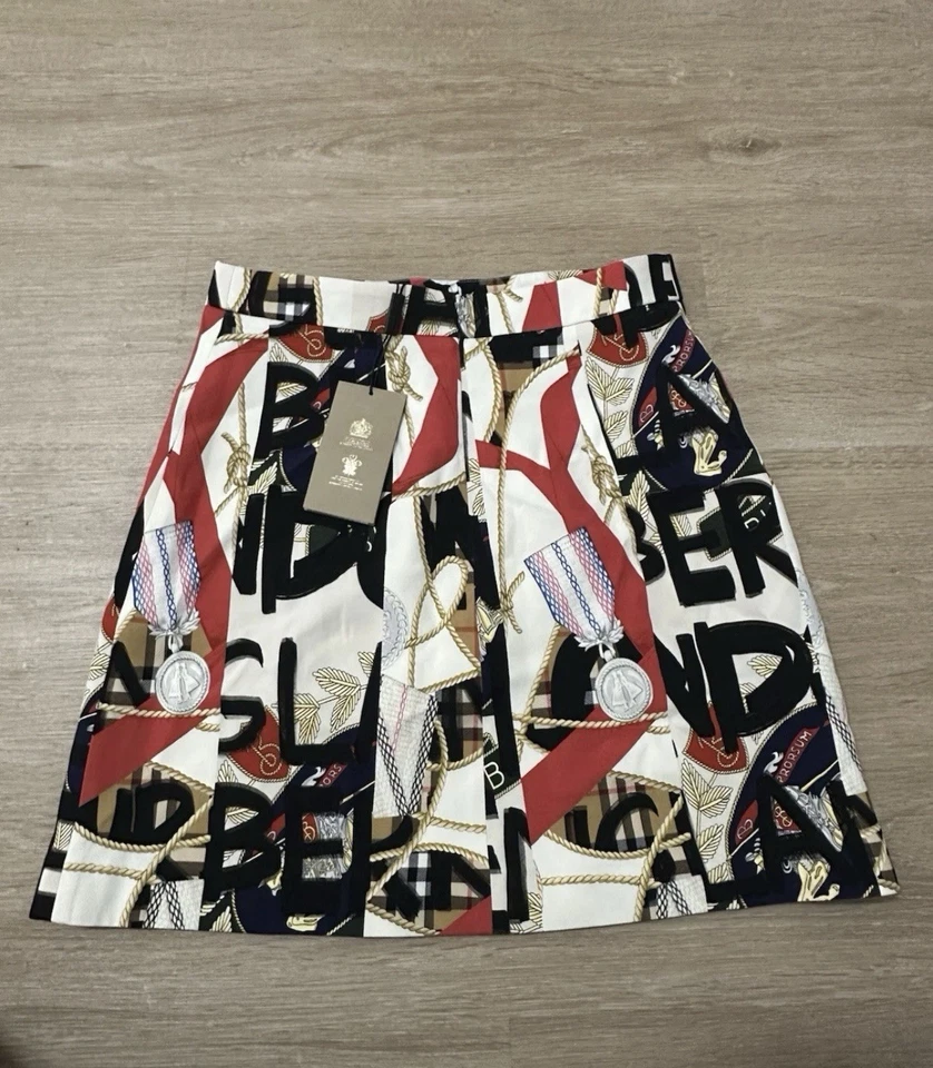 BURBERRY Graffiti Archivo Bufanda Panel Estampado Lana Mini Falda Talla 8 EE. UU. Nuevo Foto 2 de 4