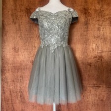Gray silver sparkle mini dress homecoming wedding US 8 corset back chest support