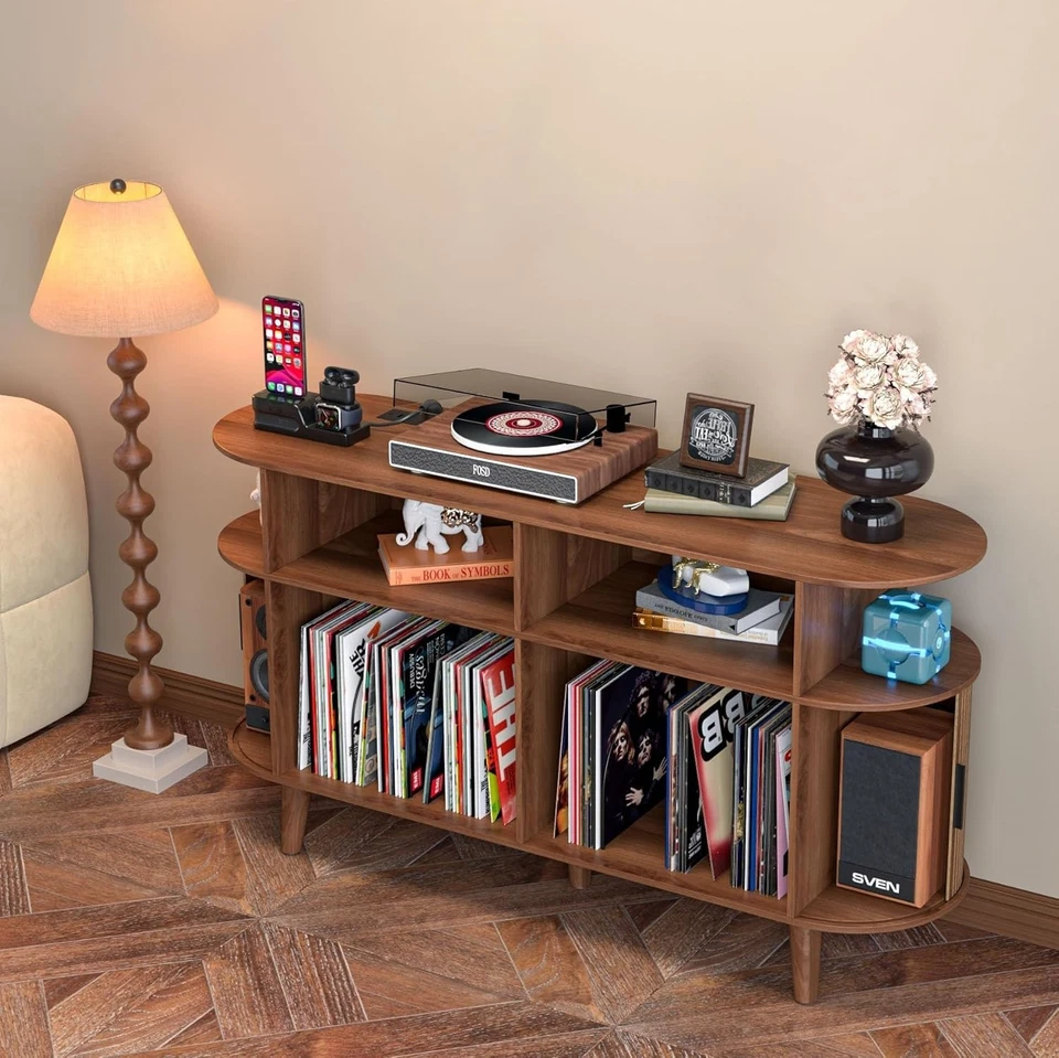 Large Round Record Player Stand with Charging Station & USB Ports,Record Stor... - image 2 of 4