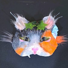 Handmade Cat Half Mask Faux Fur Gray/Orange, Elastic Strap, Holly Bow