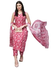 GoSriKi Women's Rayon Blend Straight Printed Kurta with Pant & Dupatta