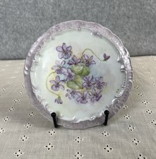 Vtg Hand Painted Porcelain 6.25 Tea Trivet Lavender Violets Floral Vines Signed