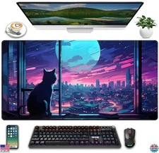 Kawaii Purple Cat XXL Gaming Mouse Pad 31.5x15.75" Cute Desk Mat for Office
