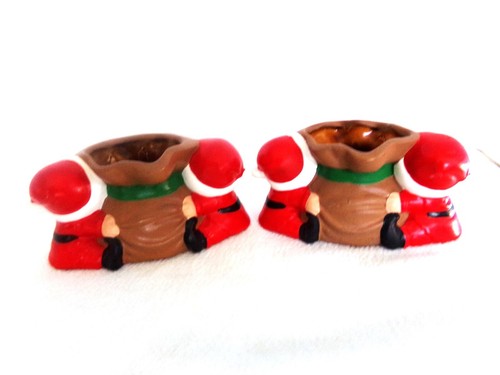 2 SOPORTES CANDELABROS NAVIDAD VINTAGE DOBLE CERÁMICA SANTA CON BOLSA DE JUGUETE - Imagen 3 de 3