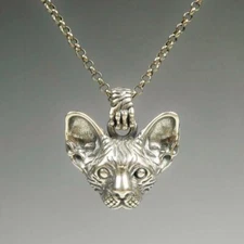 Handmade Unique Sterling Silver Hairless Sphynx Cat Face Pendant Great Details