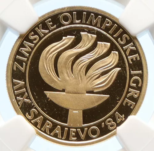 1984 YUGOSLAVIA Sarajevo XIV Olympic Games TORCH Gold 5000 Dinar Coin NGC i95618