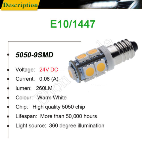 2PCS 24V Warm White E10 1447 9SMD LED Bulb Screw Replace Flashlight Torch Light - Picture 2 of 7