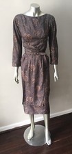 Bleistift Wrap Vintage 50s Mod Gürtel Midi Brown Seide Party Ethnisch Kleid GR.M