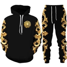 Golden 3D Print Men's Winter Jackets Set Sports Hoodies Trousers 2 Piece Outfits
