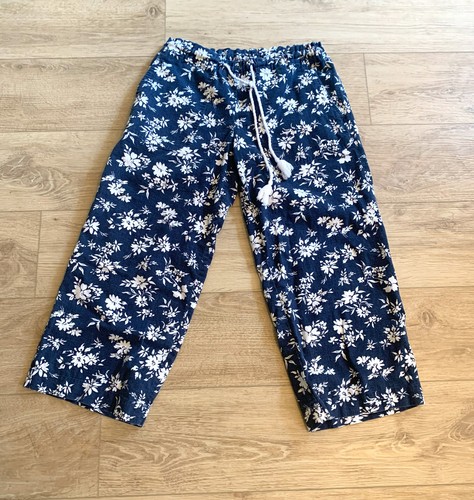 Ralph Lauren Linen Blend Blue White Floral Cropped Pants Drawstring Size S Beach