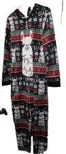 Llama Christmas Union Suit Womens Small Pajamas Black Fair Isle Fleece Hood