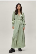 Nasty Gal Size 10 Green Satin Jacquard Long Sleeves Maxi Dress NYE Christmas 