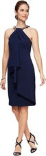 Alex Evenings Navy Blue Embellished Collar Ruched Dress Size 10 239