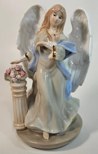 Porcelain Angel Holding Puppy "Joy to the World" Music Box Gold Edging Estate