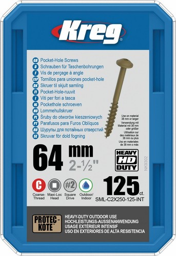 KREG HD Wr Pocket Screws - 64mm / 2-1 / 2′′ #14 Coarse Washers 125 Pk