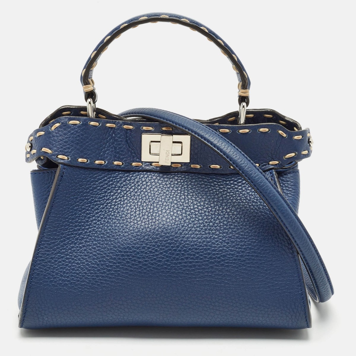 Fendi Navy Blue Selleria Leather Mini Peekaboo Top Handle Bag | eBay