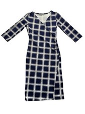 Women’s Faux Wrap 3/4 Sleeve Navy Blue Body con Stretchy Dress Sz Small #417
