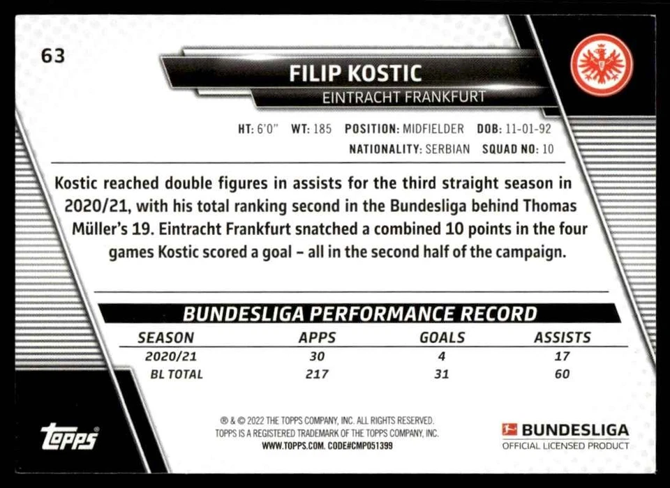 2021 Topps Bundesliga Sparkle Foil Filip Kostic Eintracht Frankfurt #63 22258 - Image 2 of 2