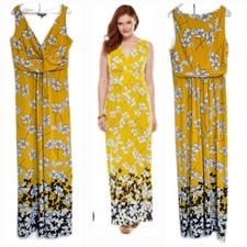 Chaps Women's Maxi Dress Size M Yellow Floral Print Stretch Knit Sleeveless 