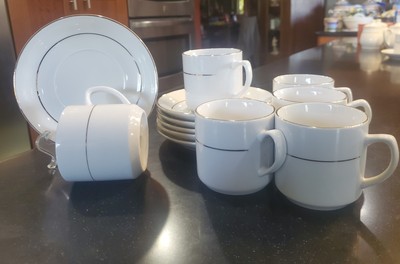 6- Cups With Saucers - EP Excellent - White Porcelain China - Gold Trim & Verge 