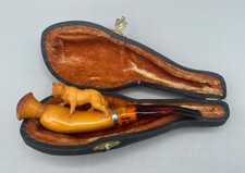 Meerschaum cheroot  / pipe ~ amber stem - decorated with a Wolf - original case
