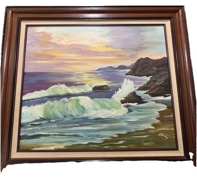 Pintura al óleo vintage representa olas del océano firmada por artista H Diday