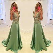 Prom Dresses Olive Green Satin Lace Appliques Beaded Illusion Long Evening Gowns