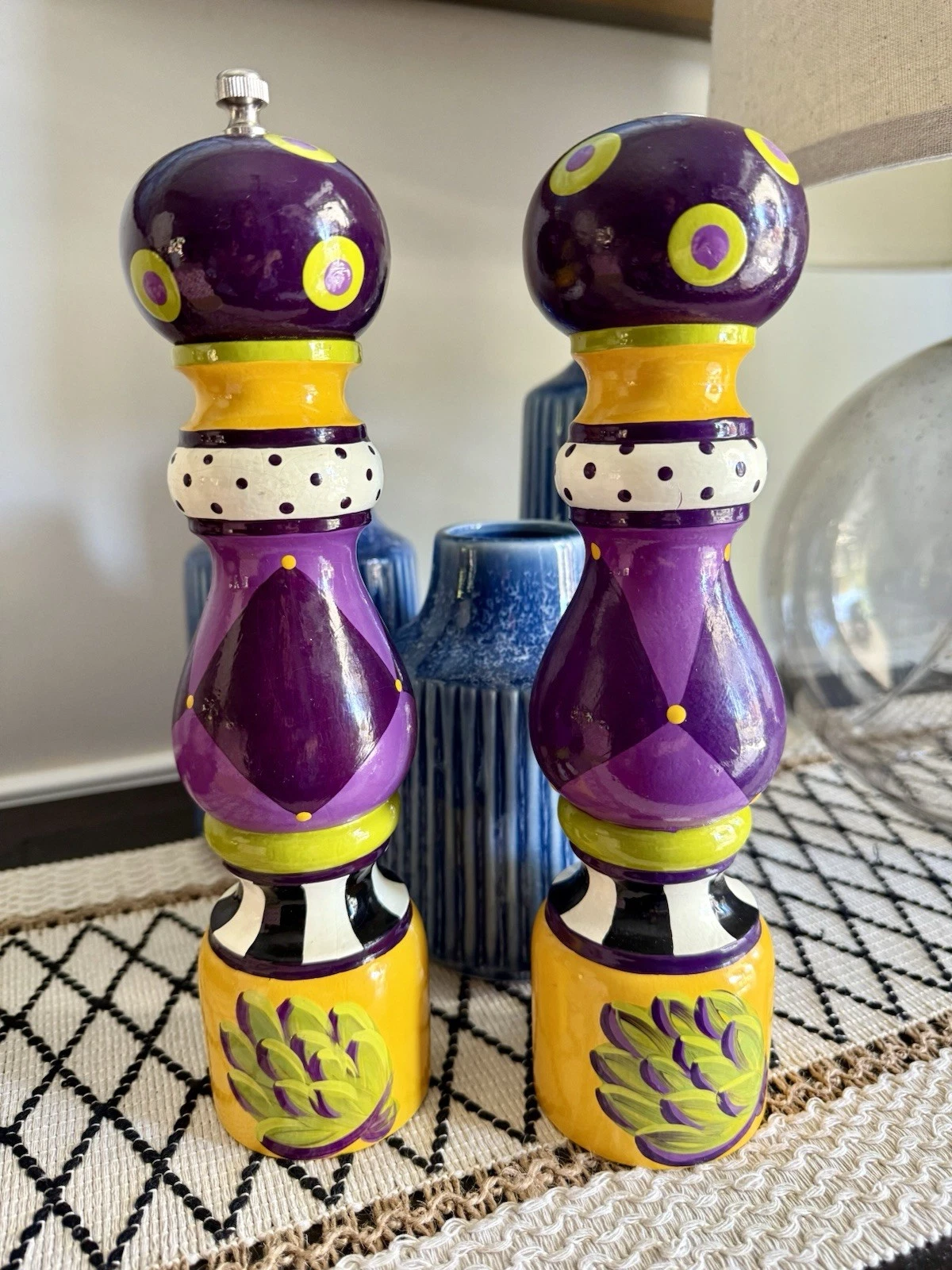 Pair Jessie Mac Hand Painted Salt Shaker & Pepper Grinder Mill 10" Tall