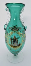 Vintage Salviati Murano Italian Hand Painted Green Blown Glass Vase 6  Clean