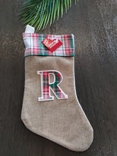 16  Plaid Monogram Christmas Stocking, Initial Letter R