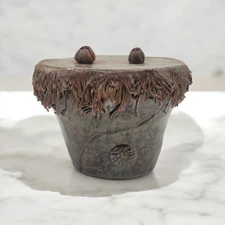 Hand Thrown Art Pottery Oil Lamp  Brown Beige Green Primative Boho Dual Wicks