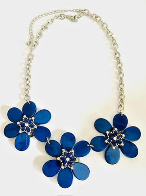 BOHO Blue Flowers w/ Rhinestones & Tiny Faux Pearls, Statement Necklace, 18''