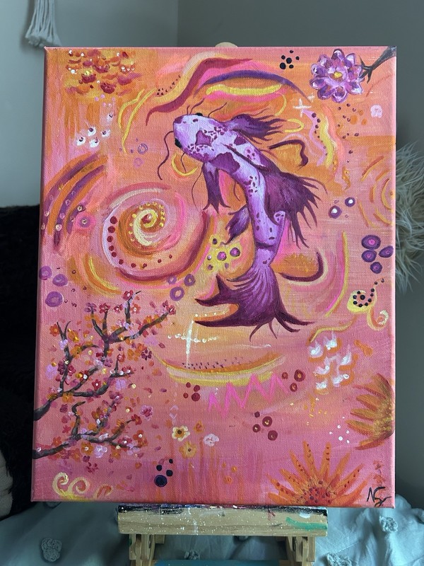 Abstract Contemporary Fish & Flowers Canvas Painting, Small Unframed Single
