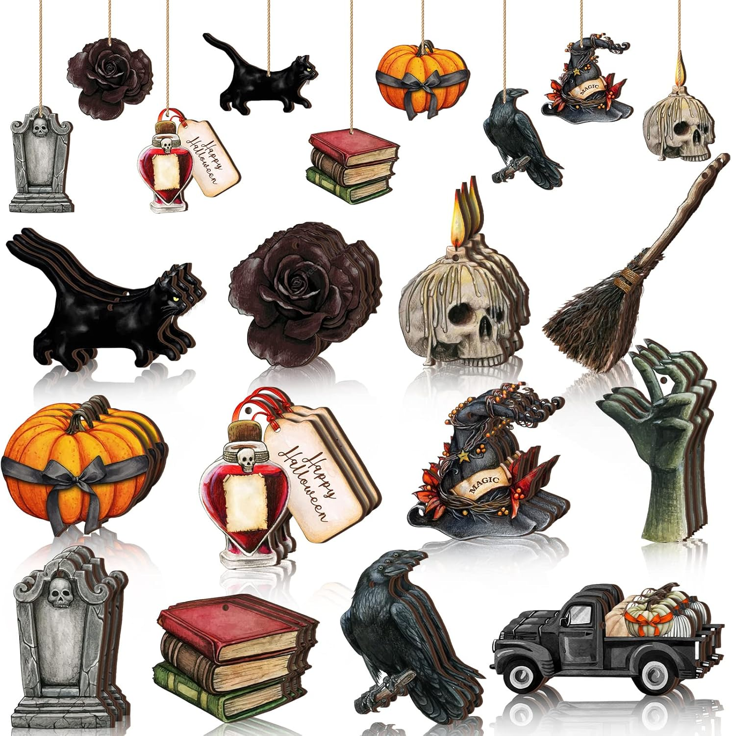 36 Gothic Halloween Wood Ornaments - Skull & Black Tree Decorations for Spooky Holiday Decor
