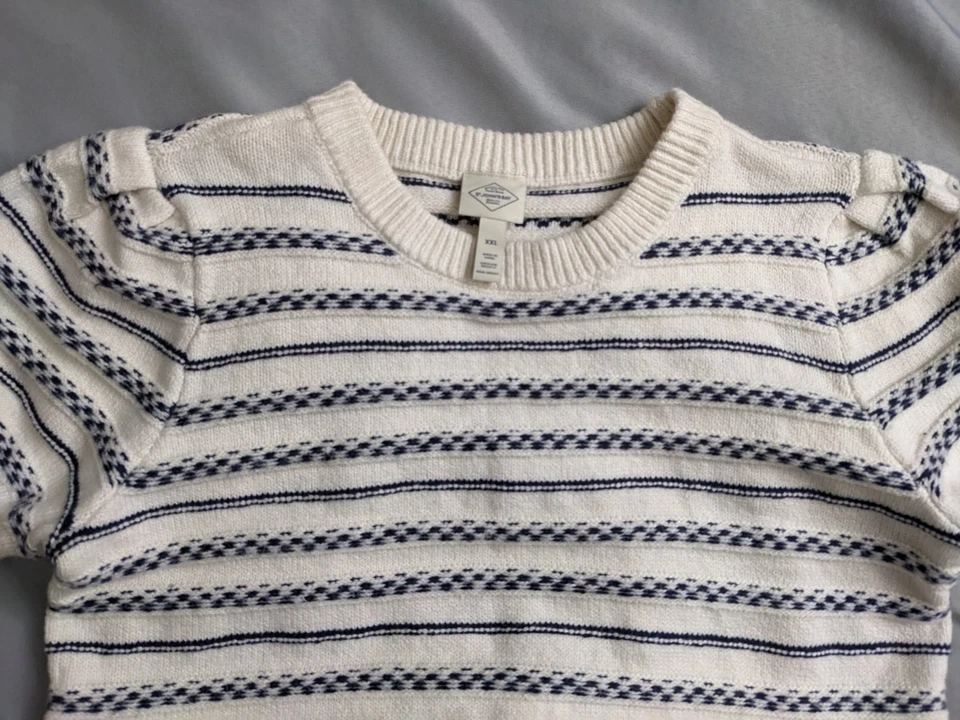 Suéter feminino St John Bay tamanho 2XL bege listrado puff manga curta malha macia - Imagem 2 de 4