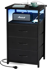 Night Stand with Charging Station, LED Nightstand with USB Ports and Outlets, 3