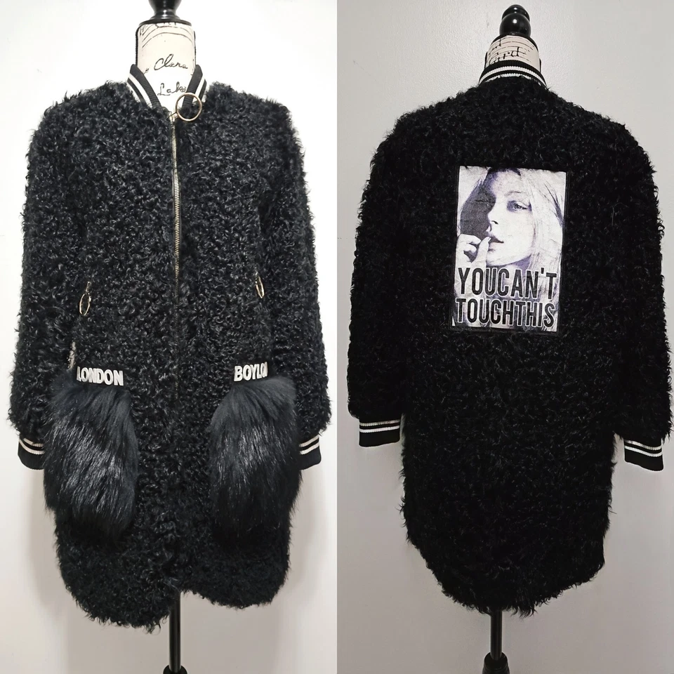 New Real Toscana Sheepskin Shearling Coat Jacket Black Boy London Fox Fur S