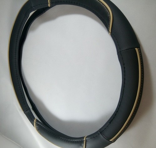 2017 Black & Beige Slip-On Style PU Steering Wheel Cover Perfect Fit Non-Slip - Picture 5 of 6