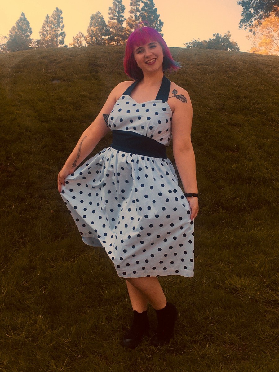 1950's Style Halter Dress in Navy Blue Polka Dots PLUS SIZE