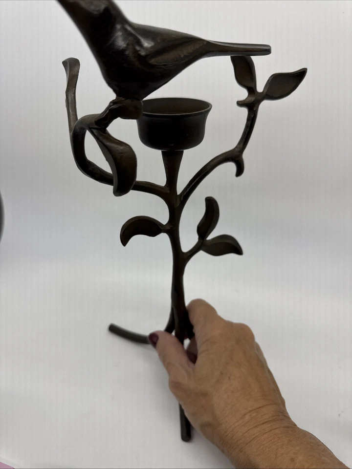 Bronze Metal Bird on Branches Sculpture Tea Light Votine Holder 11" 3 Legs - Image 4 of 4
