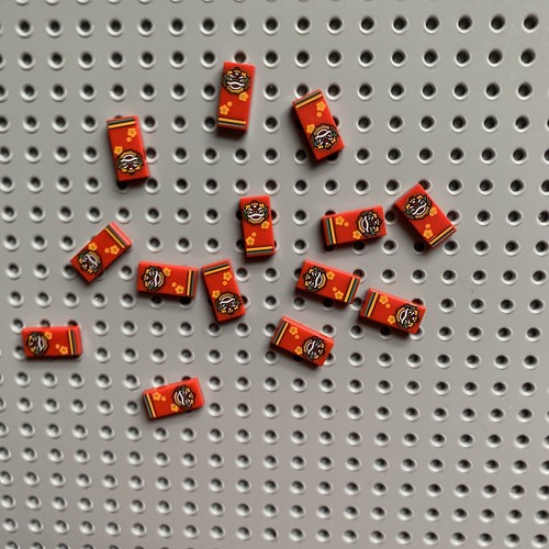 Lego Tile 1x2 Red Money Envelope Gold Lion Flowers and Stripes Pattern lot of 14 - Picture 2 of 3